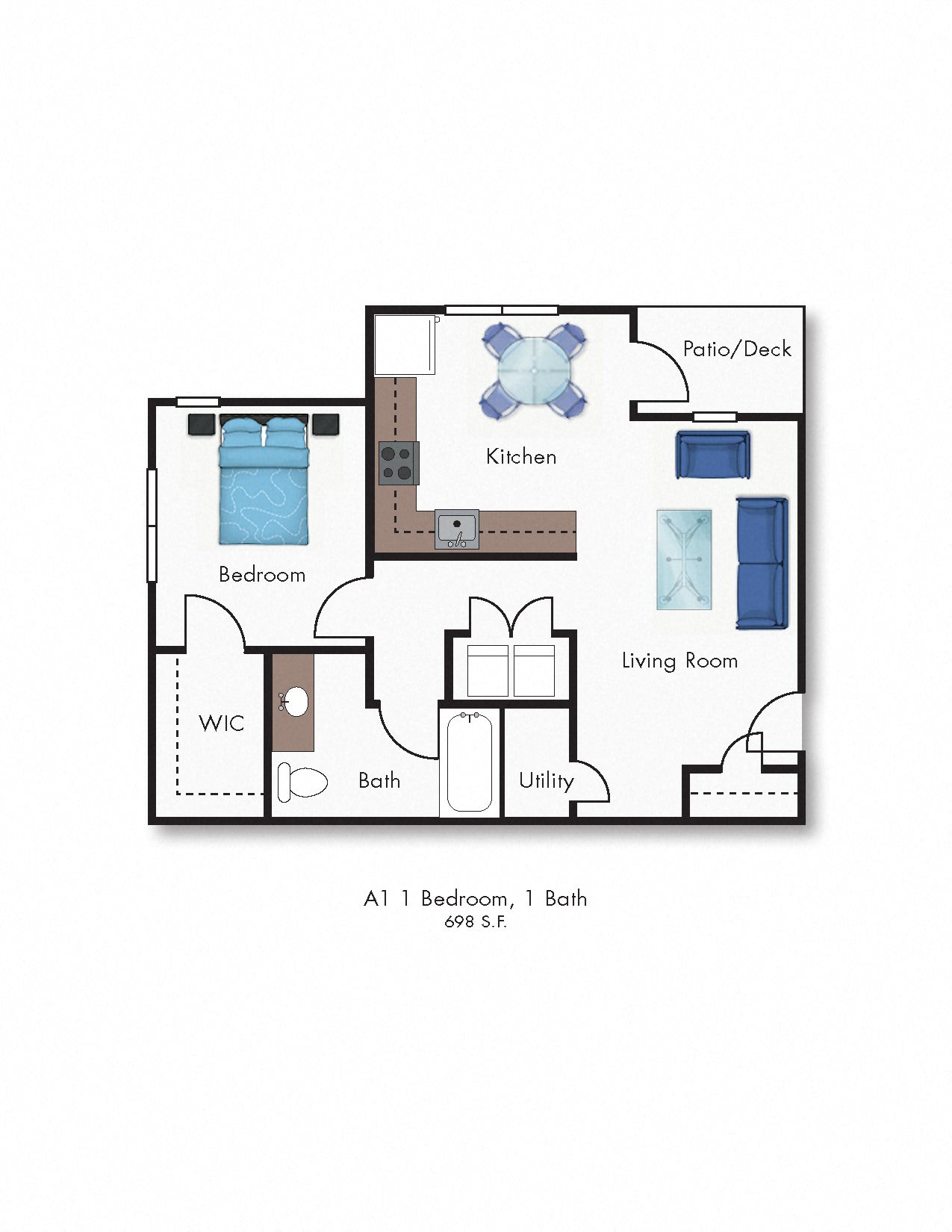 1 Bedroom 1 Bath 698 square feet-2D Floorplan 1 Bedroom 1 Bath 698 square feet_2D Floorplan_East Meadows_San Antonio TX